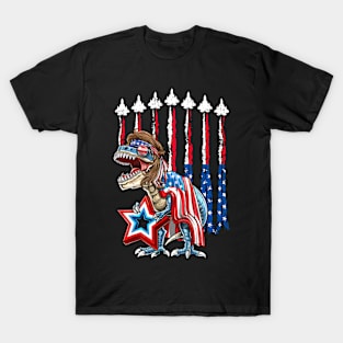 Fighter Jet American Flag 4th Of July Patriotic Dinosaur T Rex T-Shirt